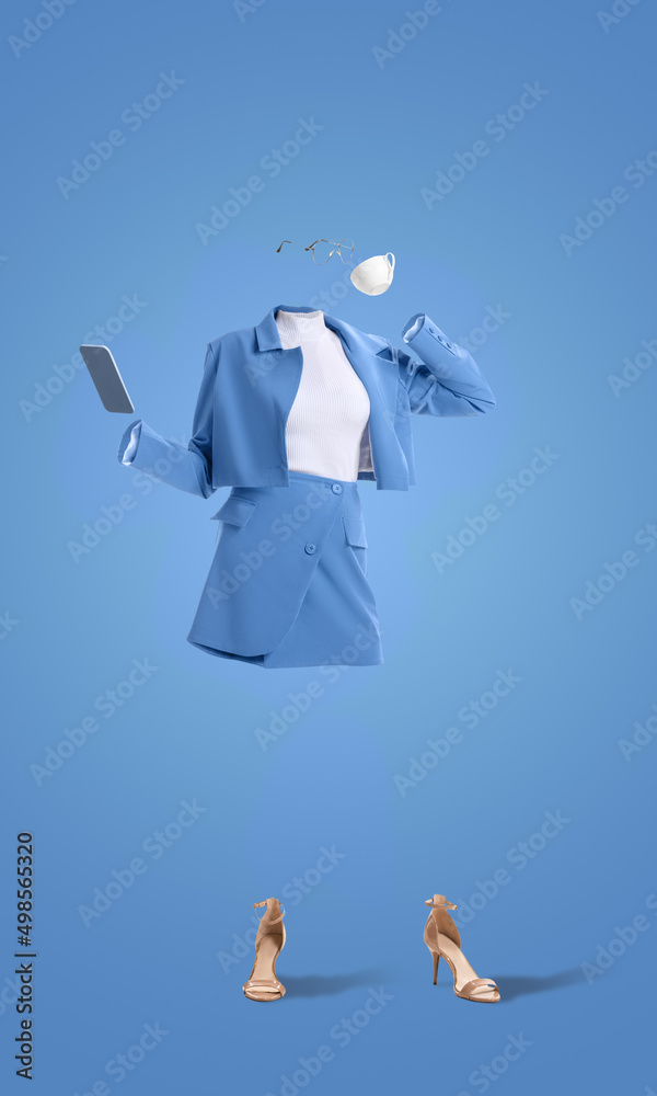 Foto de Creative portrait of invisible woman wearing modern business style  blue outfit and heels drinking coffee on blue background. Concept of  fashion, style do Stock
