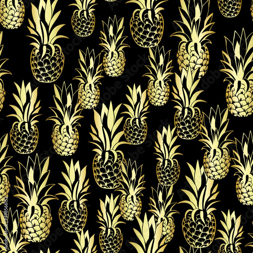 Seamless pattern with gold pineapple tropical fruit.
