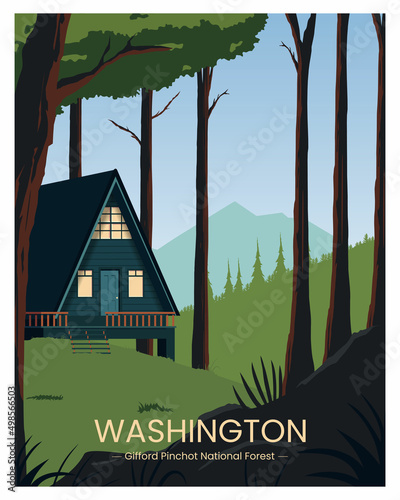 cabin in washington Gifford Pinchot National Forest background landscape, travel to washington united state. vector illustration suitable for poster, postcard, art print. photo