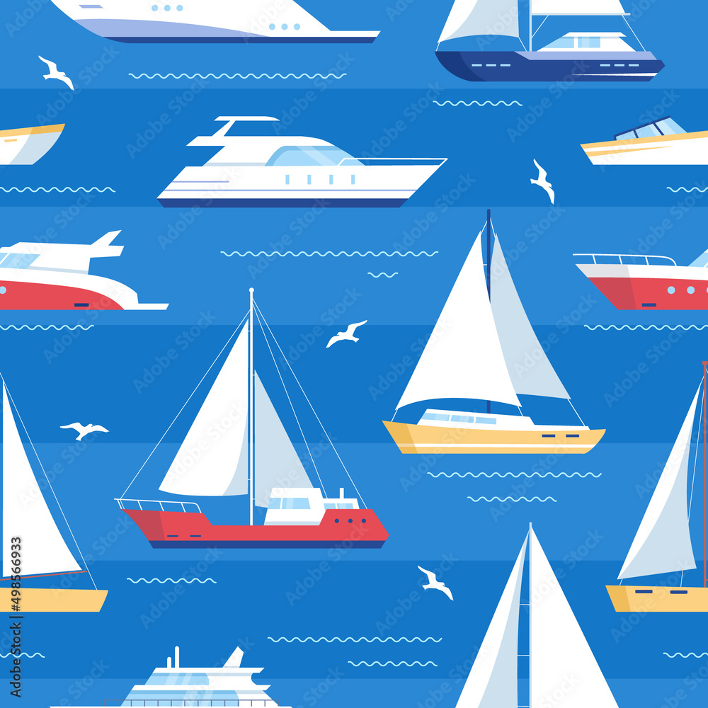 Maritime ships. Vector seamless pattern of ship at sea, sailboats, speedboat, yacht, sailboat, cruiser. Water ocean transport boat in flat style. Sea marine travel background for fabric and textile Maritime ships. Vector seamless pattern of ship at sea, sailboats, speedboat, yacht, sailboat, cruiser. Water ocean transport boat in flat style. Sea marine travel background for fabric and textile
