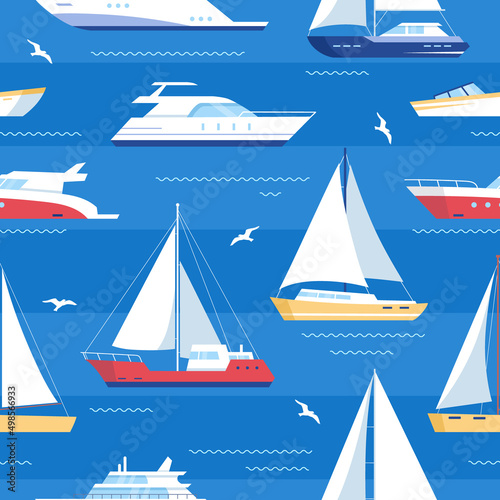 Maritime ships. Vector seamless pattern of ship at sea, sailboats, speedboat, yacht, sailboat, cruiser. Water ocean transport boat in flat style. Sea marine travel background for fabric and textile