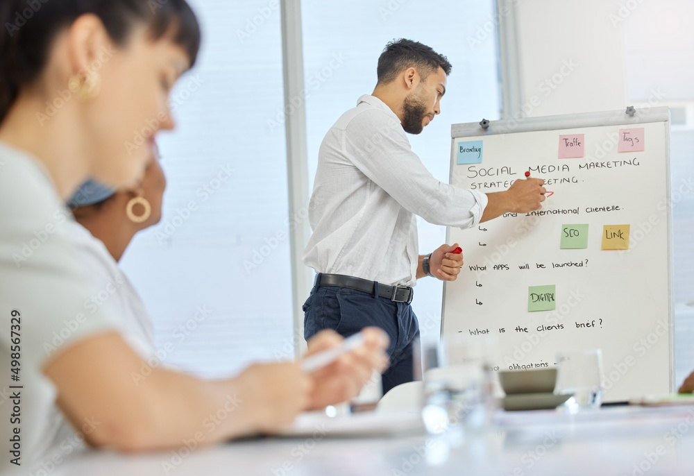 Obraz premium Getting them all on the same page. Cropped shot of a handsome young businessman giving a presentation in the boardroom.
