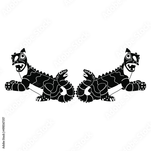Symmetrical design with two fantastic cats with snake or dragon tails. Black and white silhouette. Native American art of Mochica or Moche Indians from ancient Peru.