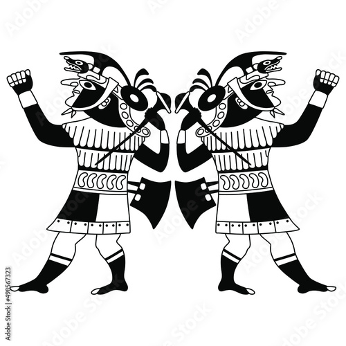 Symmetrical design with two ancient Peruvian warriors. Native American art of Mochica or Moche Indians. Black and white silhouette.