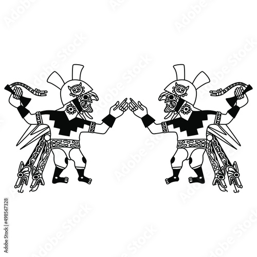 Symmetrical design with two fantastic characters. Snake man. Native American art of Mochica or Moche Indians. Black and white silhouette.