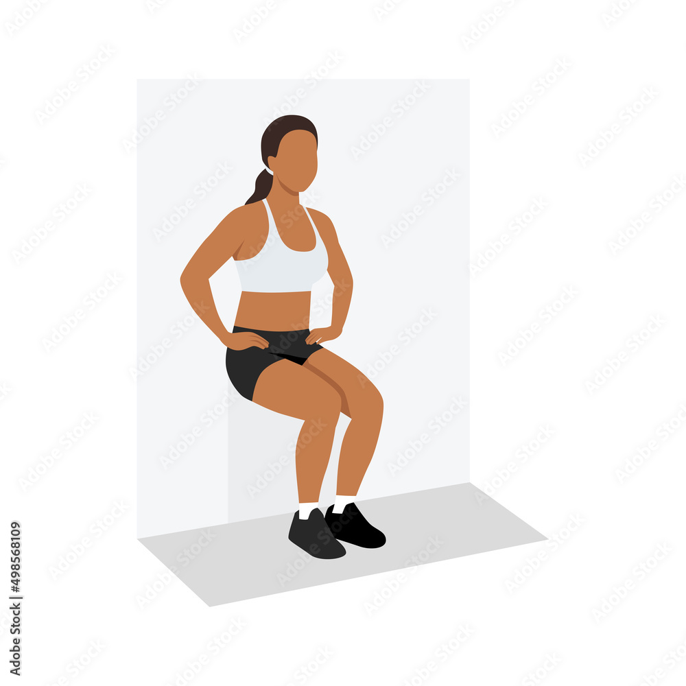 Sit Exercise Icon Woman doing wall sit exercise. Flat vector illustration isolated on ...