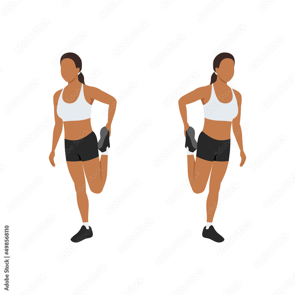 Woman doing Standing quad stretch exercise. Flat vector illustration isolated on white background Woman doing Standing quad stretch exercise. Flat vector illustration isolated on white background