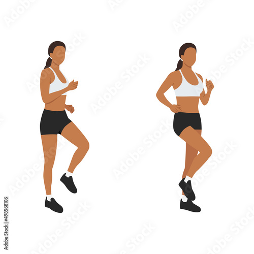 Woman doing march in place exercise. Flat vector illustration isolated on white background