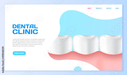Dental clinic poster vector illustration. Advertising of hospital for teeth treatment. Medical services for installation of dental implant. Human gum with healthy teeth and denture on dentistry banner