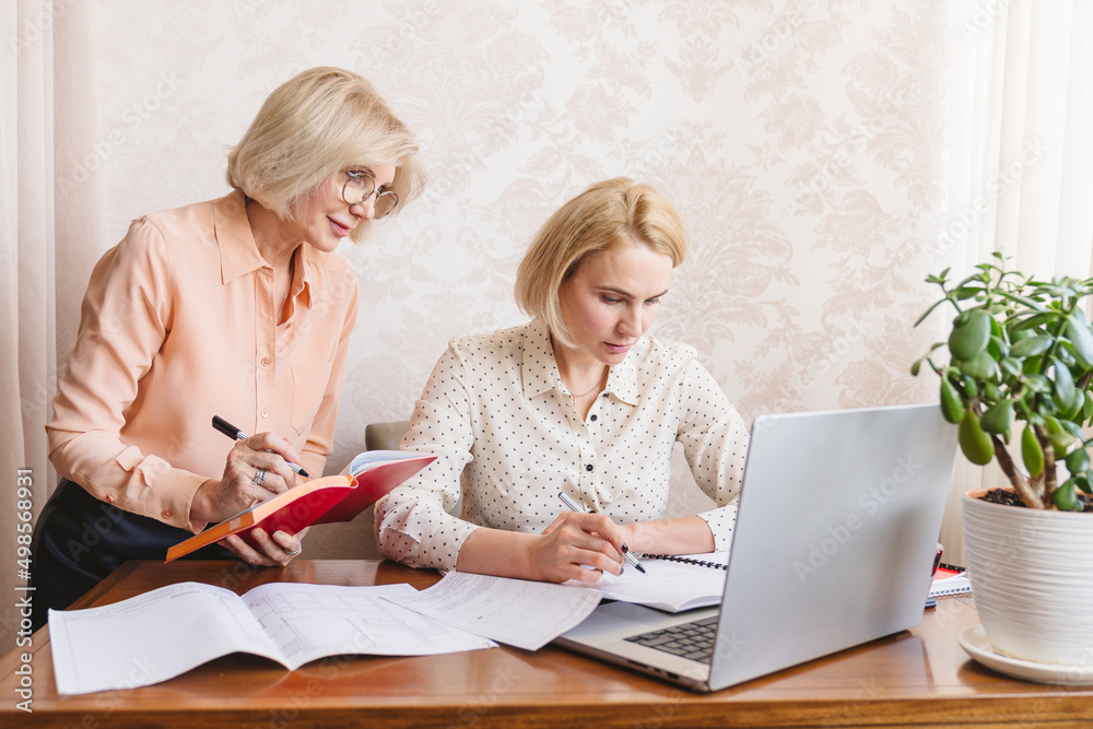 Mature business women discuss documents in the home office. Mature business women discuss documents in the home office.