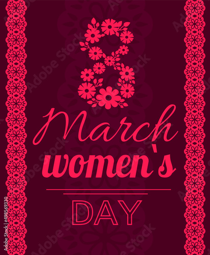 Banner for International Womens Day. Flyer for March 8 with decor and different fonts. Template of spring holiday greeting card. Number 8 with ribbon text and decorations on pink background