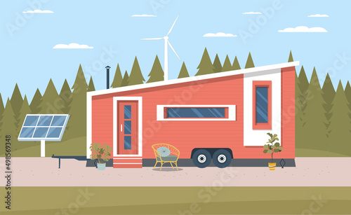 Tiny house with solar panel and wind turbine isolated. Vector illustration.