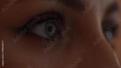 Programmer works at the computer over the program in a dark room. Close up woman eyes using internet, reading, watching, styding, analizing. photo