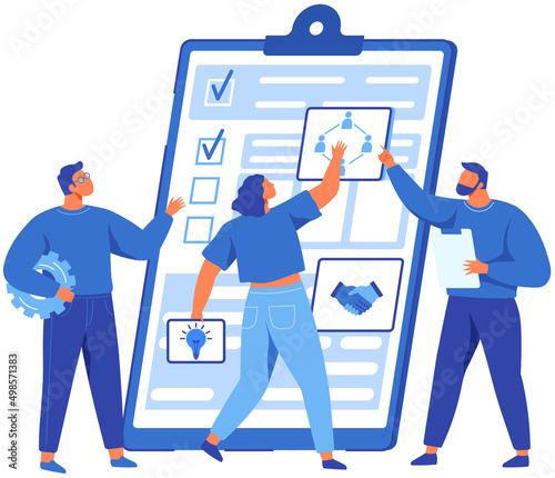 People looking at checklist with results of social surveys, customer data. Employees working with task done and check mark ticks on paper sheet. Characters check correctness of document on clipboard