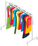 Stand with clothes and costumes. Hanger for home or boutique interior. Colored dresses and shirts on hangers for fitting room. Wardrobe items on stand. Choosing clothes, garments for outfit concept