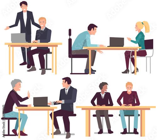 Businesspeople have project strategy planning meeting. Teamwork with business plan, creating new creative project. Meeting to discuss starting business. Colleagues discussing work in entrepreneurship