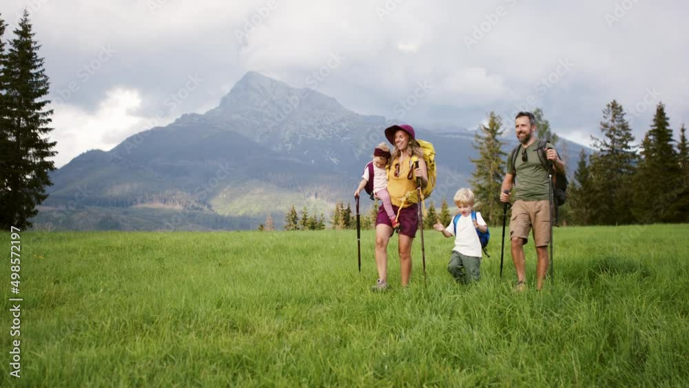 Family with small children hiking outdoors in summer nature. Family with small children hiking outdoors in summer nature.
