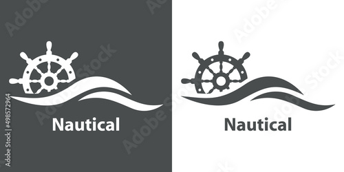 Logotipo con texto Nautical y silueta de timón de barco con olas en fondo gris y fondo blanco