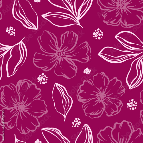 A floral repeating pattern in pink and burgundy colors