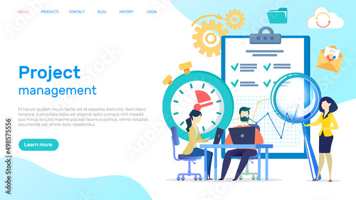 People analysing marketing strategy with magnifier. Analysis, brainstorm and teamwork concept. Website, webpage, landing page template. Colleagues work with creating business plan, project management
