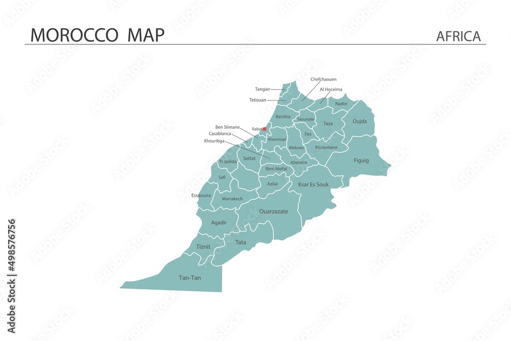 Obraz premium Morocco map vector illustration on white background. Map have all province and mark the capital city of Morocco.