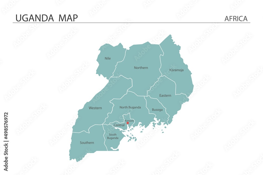 Uganda map vector illustration on white background. Map have all province and mark the capital city of Uganda.