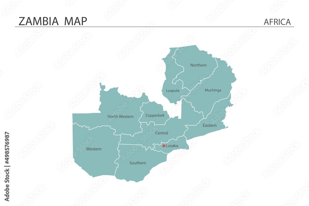 Zambia map vector illustration on white background. Map have all province and mark the capital city of Zambia.