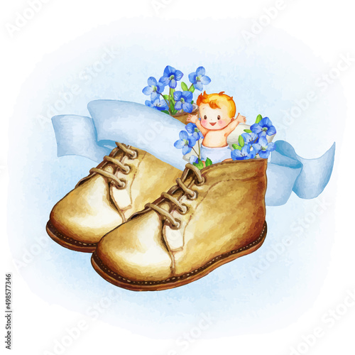 illustration of baby in little vintage shoes