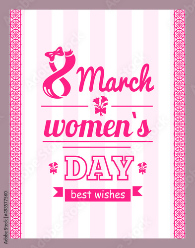 Banner for International Womens Day. Flyer for March 8 with decor and different fonts. Template of spring holiday greeting card. Number 8 with ribbon text and decorations on pink background