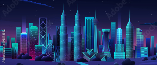 Cityscape with houses and buildings. Night scene of landscape with modern architecture. City street with houses, skyscrapers at night. Downtown, metropolis with residential buildings under starry sky