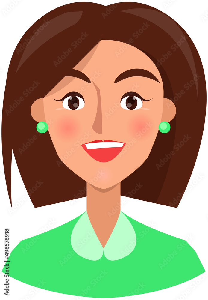 Positive face expression of young woman. Girl with emotion of happiness, joy. Cheerful, joyful face of female character. Happy smiling lady vector illustration. Expressing human emotion concept Positive face expression of young woman. Girl with emotion of happiness, joy. Cheerful, joyful face of female character. Happy smiling lady vector illustration. Expressing human emotion concept