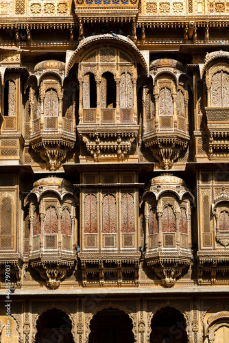 Rich decorated exterior of the Kothari's Patwa Haveli (Patwon ki Haveli in Jaisalmer, Rajasthan, India, Asia photo