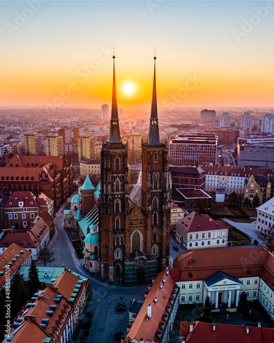 Aerial shot of cathedral towers and old european buildings in Wroclaw, Poland