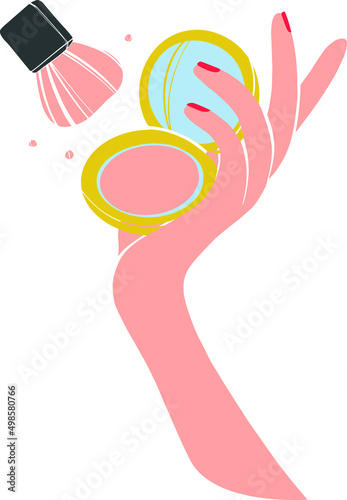 
A woman's hand holds face powder. Compact powder with makeup brush. Abstract face powder. Creative illustration for makeup artist.
