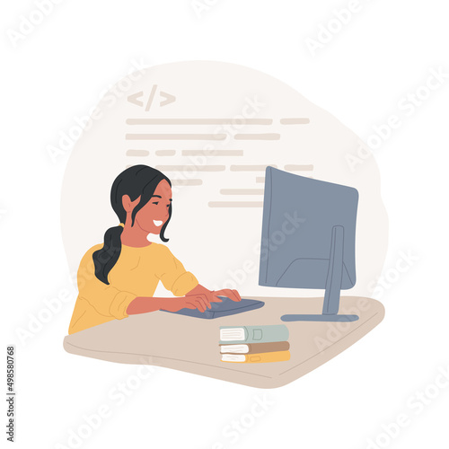 Coding online class isolated cartoon vector illustration. Programming online class, coding virtual summer camp, kids remote learning, after school program, tech education vector cartoon.