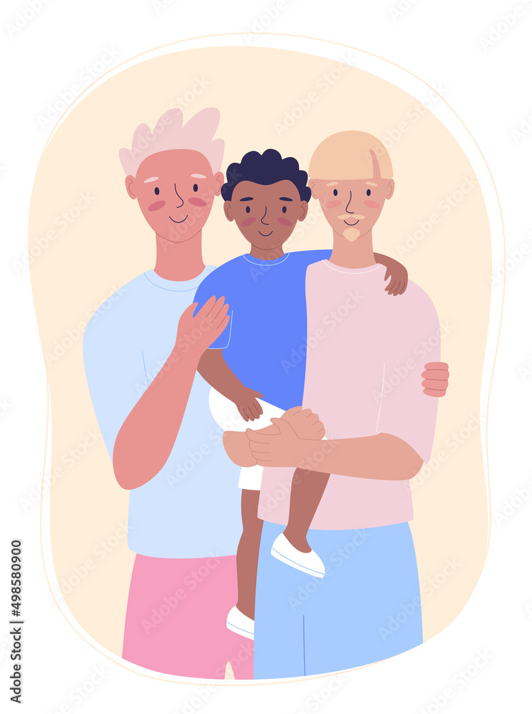 Same-sex family portrait. Happy gay couple, two lovely fathers. Vector illustration of adoption concept