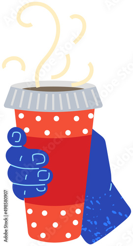 Hand holds paper glass with coffee isolated on white background. Dotted red container with warm drink. Take away, beverage to go. Hot coffee in bright glass. Cappuccino, espresso or americano in cup