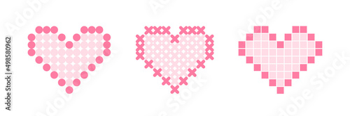 Set, collection of three pink hearts made with stitches, beads, dots for handmade, handcraft design.
