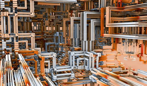 3D Illustration of a Beautiful infinite mathematical mandelbrot set fractal futuristic metalic structure