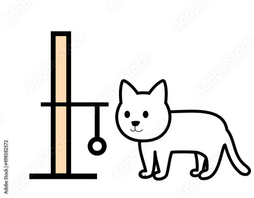 An icon of a white cat beside a scratcher, a cat tree with white background