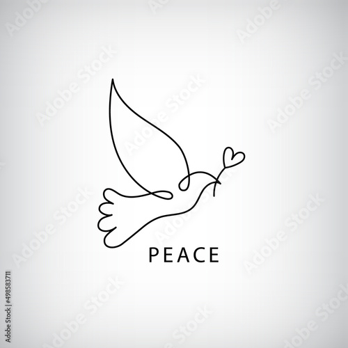 Vector line logo, icon, drawing of dove holding a branch, symbol of love and piece. One line minimalist pigeon