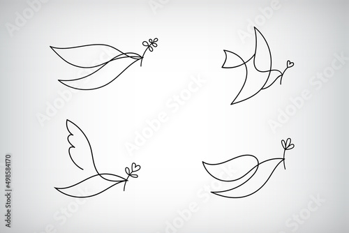 Vector set of line logo, icon, drawing of dove holding a branch, symbol of love and piece Fototapet
