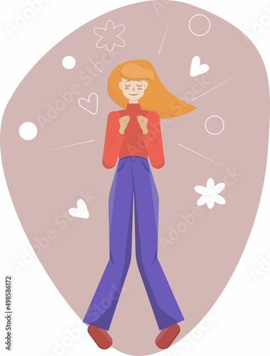 Dreaming girl. Flat style vector illustration. Funny girl.