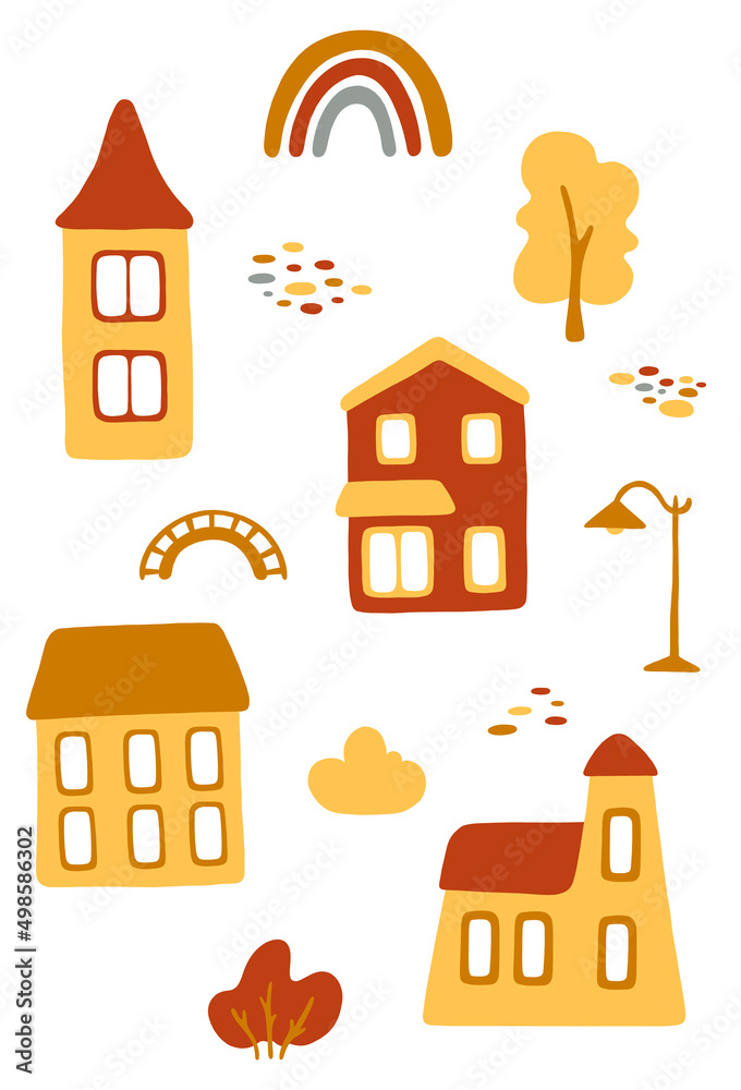 Beautiful colorful 4 cartoon houses and adds elements: plants, stones, streetlight, rainbow, bridge. Cute vector illustration for your design, icon, stickers, card.