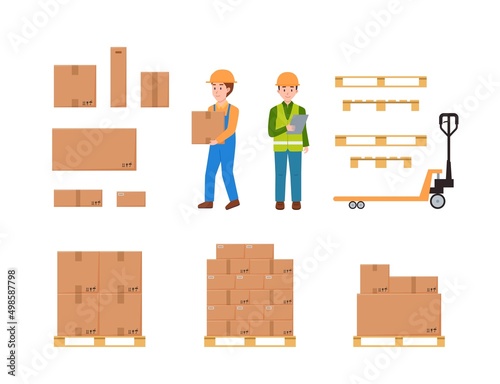 Warehouse and postal service icons set flat vector illustration isolated.