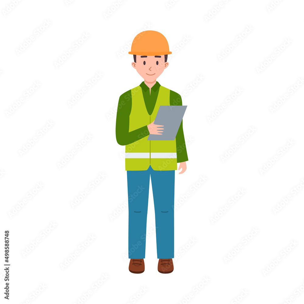 Warehouse storage worker checks delivery list flat vector illustration isolated.