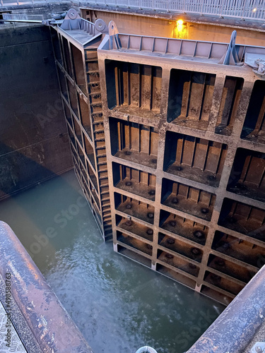 Vertical shot of one of the biggest sluice gates in the Netherlands located in Maasbracht photo