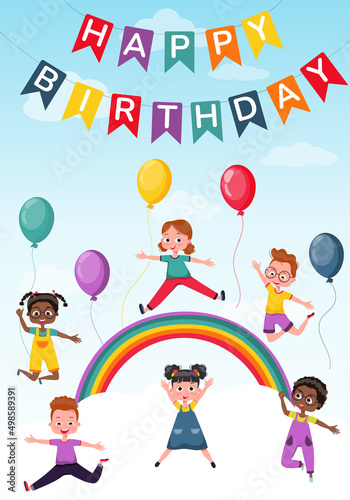 Diverse children, children, teenagers celebrate birthday fun, decorations. Boys and girls jump against the background of the sky and the rainbow. Greeting card template.