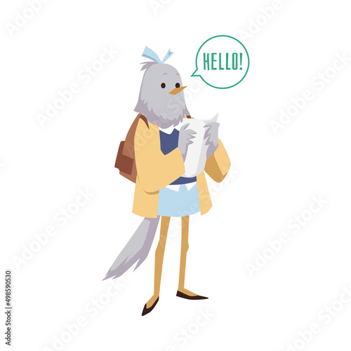 Cute pigeon character in school uniform saying hello, flat vector illustration isolated on white background.
