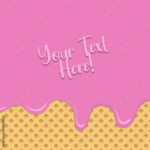 Flowing strawberry ice cream on background waffle texture with text layout in the center. Poster for cafe, ice cream and menu dessert, food packaging design